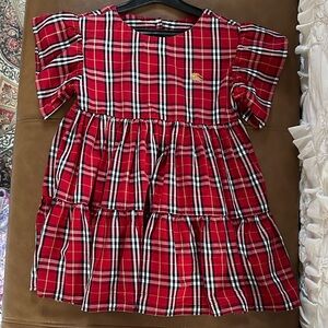 Authentic Burberry Red Plaid Dress with Butterfly Sleeves